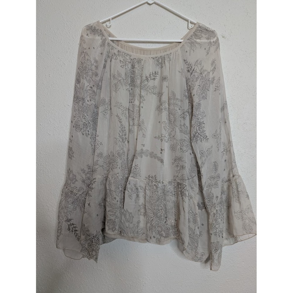 Luisa Ricci Sheer 100% Silk‎ Top Lined White Floral Long Sleeve Size Large Fairy